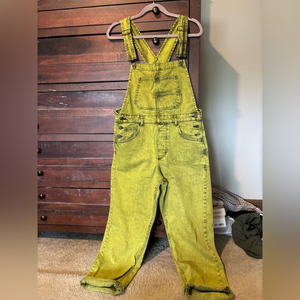 Free People Ziggy Yellow/Lime Acid Wash Denim Overalls Sz M BUNDLE DISCOUNT